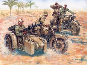 Seconda Guerra Mondiale: il Deutsches Afrikakorps (DAK Afrika Korps) che avanza nel deserto libico su sidecar BMW