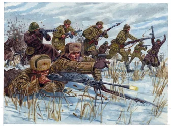 Seconda Guerra Mondiale: soldati di fanteria russi avanzano sul campo di battaglia