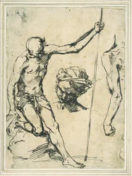 Studi di figura: uomo che tiene un palo, testa di un uomo con turbante e un braccio sinistro visto da dietro