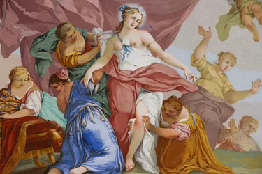 Rappresentazioni del mito di Diana, di Domenico e Giuseppe Valeriani, affresco, soffitto a volta della camera da letto, appartamento del re, residenza di caccia, di Filippo Juvarra (1678-1736), Stupinigi, Piemonte, Italia