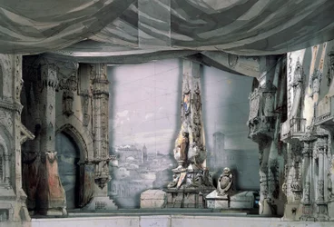 Piazza davanti alla Cattedrale di Valladolid, Atto III, Scena IV, scenografia di Charles Campon per Don Carlos di Giuseppe Verdi, rappresentazione a Parigi, Salle Le Peletier, 11 marzo