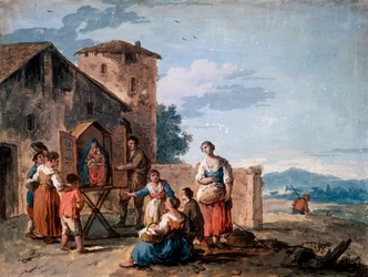 Un gruppo di contadini davanti al tabernacolo con la statua della Madonna in piedi, c1750