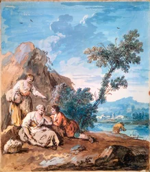 Tre contadini che riposano sulla riva di un fiume, c1750