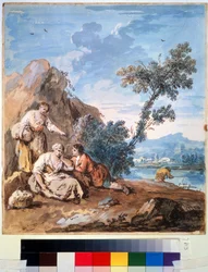 Tre contadini che riposano sulla riva di un fiume
