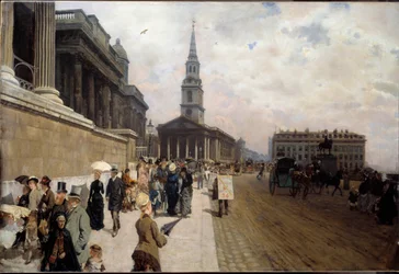 La National Gallery e la Chiesa di St. Martin a Londra. Dipinto di Giuseppe de Nittis (1846-1884)