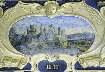 Elci, da una serie di cartigli che raffigurano immagini delle residenze di proprietà del Conte Pannochieschi d