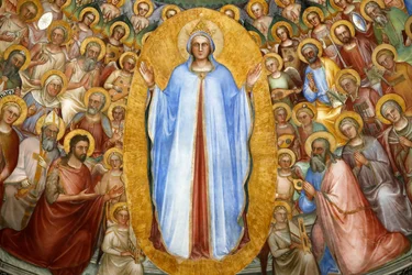 Il Battistero di Padova. Affreschi del soffitto del XIV secolo di Giusto de Menabuoi. Il Paradiso. La Vergine Maria con patriarchi, profeti e santi. Dettaglio. Padova. Italia. (foto)