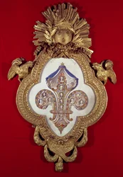 Il fiore di Francia, albero genealogico con tredici ritratti di Luigi XV (1710-74) e dei suoi discendenti in una cornice a forma di giglio, 1765 (oro e smalto)