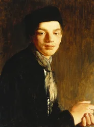 Un giovane, a mezzo busto, con cappello nero e fazzoletto al collo, ca. 1911