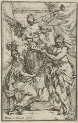 Minerva, Ercole e Fama con scudo araldico