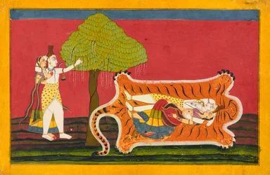 Shiva e Parvati su una pelle di tigre: Anakul Nayaka foglio da un Rasamanjari, ca. 1710 - ca. 1715