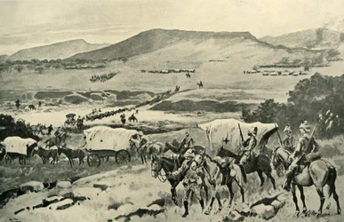 Generali French e Hutton che attraversano il Vaal nel territorio del Transvaal, 1901