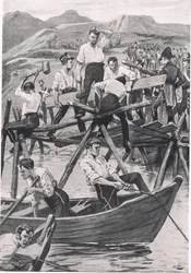 La costruzione del ponte sul Guadiana, 3 aprile 1811, illustrazione da 