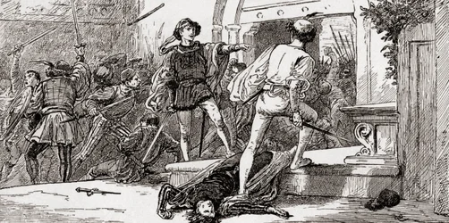 Tebaldo ucciso da Romeo, scena dal Romeo e Giulietta di William Shakespeare, Atto III, Scena 1, da Le Opere di William Shakespeare, pubblicato nel 1896