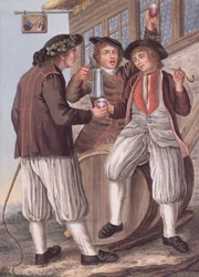 I tre Bacco, contadini in costume della città di Morat, Svizzera (litografia)
