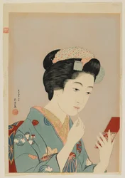 Donna che applica il rossetto, era Taisho, febbraio 1920 (stampa xilografica a colori)