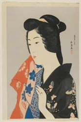 Donna che tiene un asciugamano, era Taisho, ottobre 1920