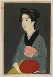 Donna che tiene un vassoio, era Taisho, gennaio 1920 (stampa a blocchi di legno a colori)