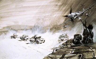 Un convoglio di cinque camion pesanti che attraversa il Mare di Sabbia egiziano viene attaccato da un aereo nemico (gouache su carta)