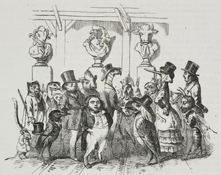 Uscita dal teatro, caricatura di Jean-Jacques Grandville, litografia di Giovanni Mariani da Poliorama Pittoresco, n. 39, 7 maggio
