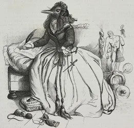 Donna letterata, caricatura di Jean-Jacques Grandville (1803-1847), litografia di Giovanni Mariani da Poliorama Pittoresco, n. 18, 11 dicembre