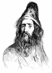Ritratto di Robinson Crusoe dopo 11 anni sulla sua isola deserta - illustrazione di Grandville per il romanzo di Daniel De Foe (Defoe) - edizione Garnier 1869 p 138