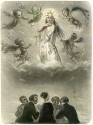 Allegoria di una giovane donna circondata da 4 sospiranti, che si paragona a un pianeta intorno al quale gravitano quattro satelliti, uno dei quali diventerà il suo sole. Incisione di Grandville che illustra un capitolo del libro di Méry: "Le Stelle"