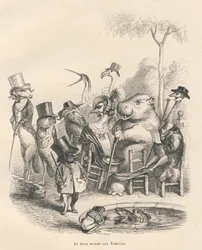Animali in abiti eleganti che passeggiano alle Tuileries. Vignette illustrate da JJ Granville. Incisione firmata Andrew, Best e Leloir nella parte "Histoire d
