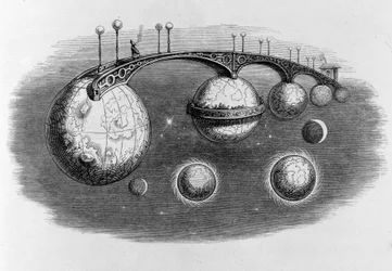 Ponte che collega diversi pianeti tra loro - incisione di Grandville
