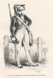 Cane in abiti da caccia. Vignette illustrate da JJ Granville. Incisione firmata Caque nella parte intitolata "Ricordi di una vecchia cornacchia" scritto da PJ Stahl in "Scene della vita privata e pubblica degli animali". Parigi, J. Hetzel e Paulin