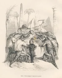 Coccodrilli attorno a un tavolo in Egitto. Vignette illustrate da JJ Granville. Incisione firmata Andrew, Best e Leloir nella parte intitolata "Memorie di un coccodrillo" scritto da Emile de La Bedolliere in "Scene della vita privata e pubblica degli anima