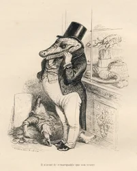 Coccodrillo vestito da dandy con una grossa pancia. Vignette illustrate da JJ Granville. Incisione firmata Breviere nella parte intitolata "Memoires d