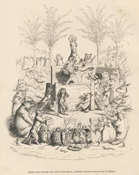 Discorso politico del leone in una tribuna circondato da tutti gli altri animali. Vignette illustrate da JJ Granville. Incisione firmata Godard nel prologo intitolato "Riassunto parlamentare" scritto da PJ Stahl in "Scene della vita privata e pubblica degl