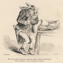 Coniglio come impiegato subalterno in un ministero. Vignette illustrate da JJ Granville. Incisione firmata Breviere nella parte "Storia di una lepre" scritto da PJ Stahl in "Scene della vita privata e pubblica degli animali". Parigi, J. Hetzel et Paulin
