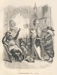 Il pigro sbadigliò mentre aspettava. Vignette illustrate da JJ Granville. Incisione firmata Godard nella parte intitolata "Gli animali medici" scritto da Pierre Bernard in "Scene della vita privata e pubblica degli animali". Parigi, J. Hetzel et Paulin