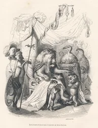 I giovani leoncini ricevono la benedizione del re leone. Vignette illustrate da JJ Granville. Incisione firmata Breviere nella parte intitolata "Viaggio di un leone d