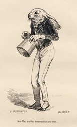 Lepre paurosa in costume da dandy. Vignette illustrate da JJ Granville. Incisione firmata Breviere nella parte "Storia di una lepre" scritto da PJ Stahl in "Scene della vita privata e pubblica degli animali". Parigi, J. Hetzel et Paulin