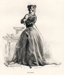 Leonessa con una pistola e una frusta. Vignette illustrate da JJ Granville. Incisione firmata Andrew, Best e Leloir nella parte intitolata "Viaggio di un leone d