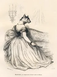 Lupa, seduta su una poltrona. Vignette illustrate da JJ Granville. Incisione firmata Breviere nella parte intitolata "Viaggio di un passero di Parigi" scritto da George Sand in "Scene della vita privata e pubblica degli animali". Parigi, J. Hetzel e Paulin