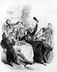 Pranzo di ragazzi dei due sessi: uomini e donne che bevono alcol e fumano, disegno di Jean Ignace Isidore alias JJ Grandville