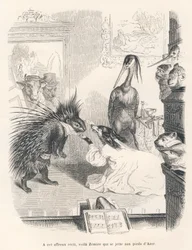 Opera con un porcospino, un cane e un airone sulla scena. Vignette illustrate da JJ Granville. Incisione firmata Godard nella parte intitolata "Il primo feuilleton di Pistolet" scritto da Jules Janin in "Scene della vita privata e pubblica degli animali"