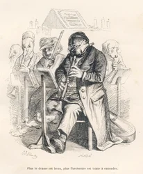 Orchestra con un cane che suona il flauto con pulcini che escono dallo strumento musicale. Vignette illustrate da JJ Granville. Incisione firmata Caque nella parte intitolata "Il primo feuilleton di Pistolet" scritto da Jules Janin in "Scene della vita pri