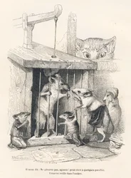 Trappola: Gatto che osserva i topi venuti a piangere quello che è stato fatto prigioniero. Vignette illustrate da JJ Granville. Incisione firmata Andrew, Best et Leloir nella parte intitolata "Le rat philosophe" scritta da Edouard Lemoine in "Scenes de la 