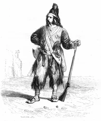 Ritratto di Robinson Crusoe sulla sua isola deserta con il suo fucile e le sue armi assortite alla cintura - Illustrazione di Grandville del romanzo di Daniel Defoe (De Foe) - Edizione Garnier 1869 p 155.