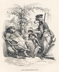 Volpe arrestata da un cane. Vignette illustrate da JJ Granville. Incisione firmata Godard nella parte intitolata "Una volpe presa in trappola" scritto da Charles Nodier in "Scene della vita privata e pubblica degli animali". Parigi, J. Hetzel e Paulin