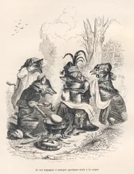 Volpi che mangiano uova alla coque davanti a una gallina in lacrime. Vignette illustrate da JJ Granville. Incisione firmata Godard nella parte intitolata "Un renard pris au piège" scritto da Charles Nodier in "Scènes de la vie privée et publique des animau