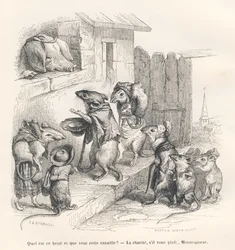 Topo che fa la carità a un maiale. Vignette illustrate da JJ Granville. Incisione firmata Andrew, Best e Leloir nella parte intitolata "Il topo filosofo" scritto da Edouard Lemoine in "Scene della vita privata e pubblica degli animali". Parigi, J. Hetz