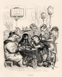 Un caffè frequentato da animali di ogni genere. Vignette illustrate da JJ Granville. Incisione firmata Godard nella parte intitolata "Voyage d