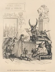 Voti di matrimonio di insetti. Vignette illustrate da JJ Granville. Incisione firmata Godard nella parte intitolata "Le avventure di una farfalla" scritto da PJ Stahl in "Scene della vita privata e pubblica degli animali". Parigi, J. Hetzel e Paulin