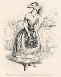 ... fuori dal teatro, questi animali sono ancora più brutti. Vignette illustrate da JJ Granville. Incisione firmata Godard nella parte intitolata "Il primo feuilleton di Pistolet" scritto da Jules Janin in "Scene della vita privata e pubblica degli animali